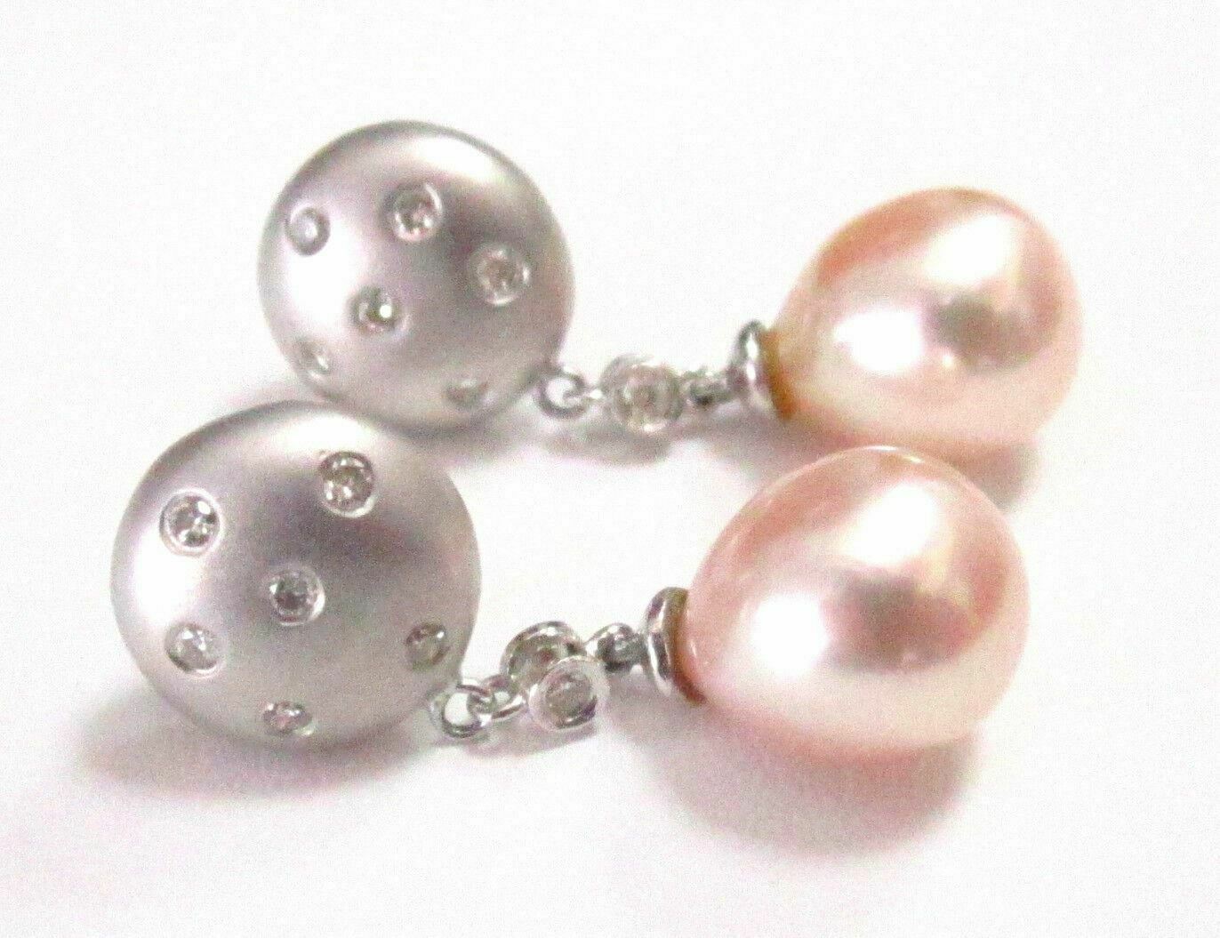 Peach Pearls & Diamonds Chandelier Drop/Dangle Earrings Push Back 14k White Gold