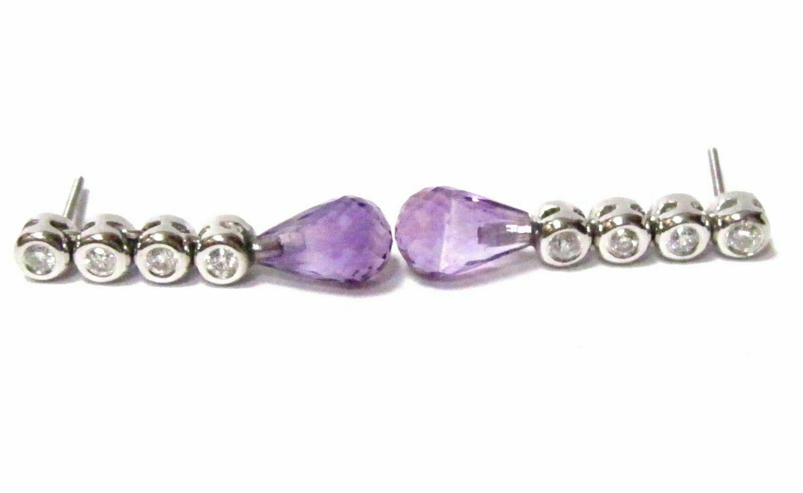 4.12 TCW Natural Pear Drop Purple Amethyst & Diamond Drop Earrings 14k WhiteGold