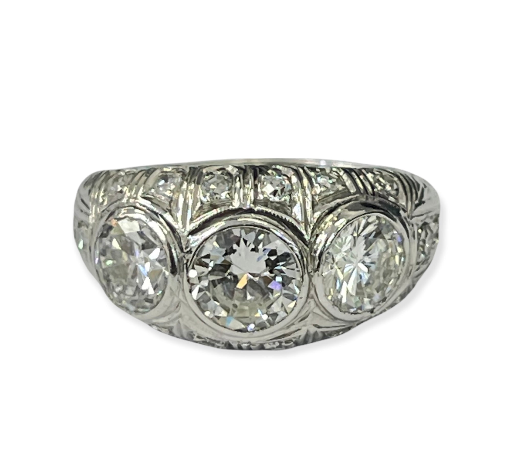 Art Deco Three Stone Diamond Antique Ring Old European White Gold 14kt