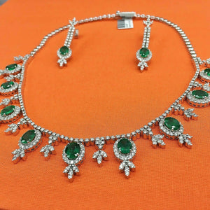24.26 Carats t.w. Diamond and Emerald Ballroom Necklace Earrings Set 73.6 GM 18K
