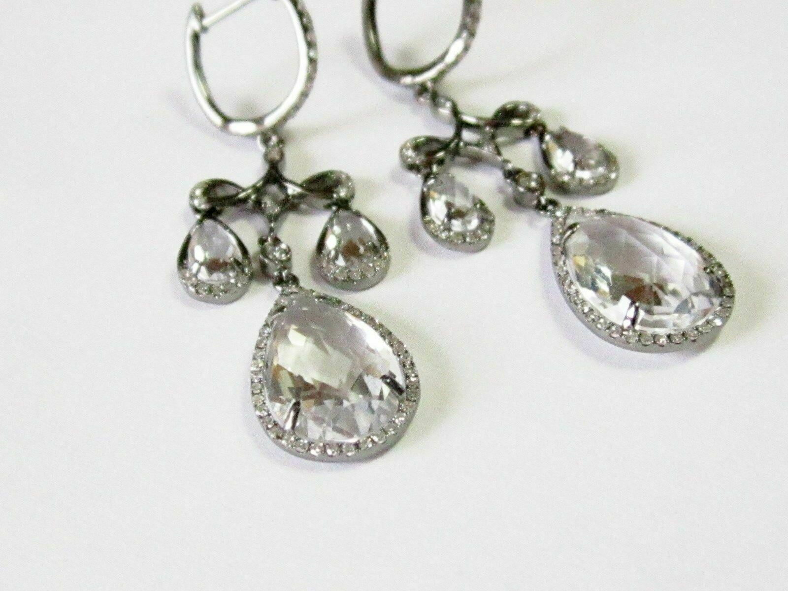 6.0 TCW Natural Pear White Topaz & Diamonds Dangling Chandelier Earrings 14k WG