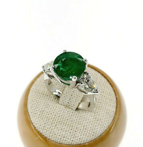 5.21 Carats t.w. Pear Diamond and Emerald Three Stone Wedding Ring 14K Gold