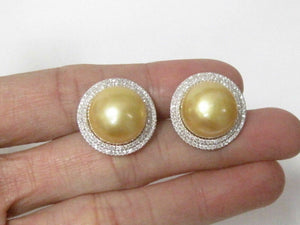 Fine 13mm Freshwater Yellow Gold Pearls Diamond Accent Earrings 14k White Gold