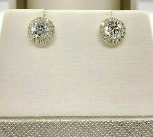 1.61 Carats t.w. Round Diamond Halo Stud Prong Set Earrings 14K Yellow Gold