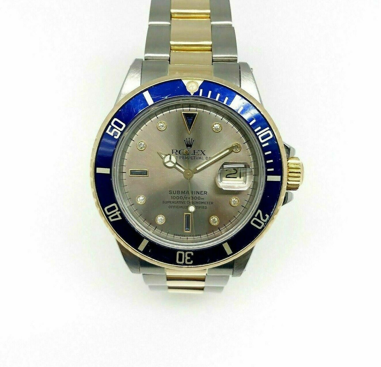 Rolex 40MM Blue Submariner Serti Dial 18K Yellow Gold & Steel Watch Ref 1680 R