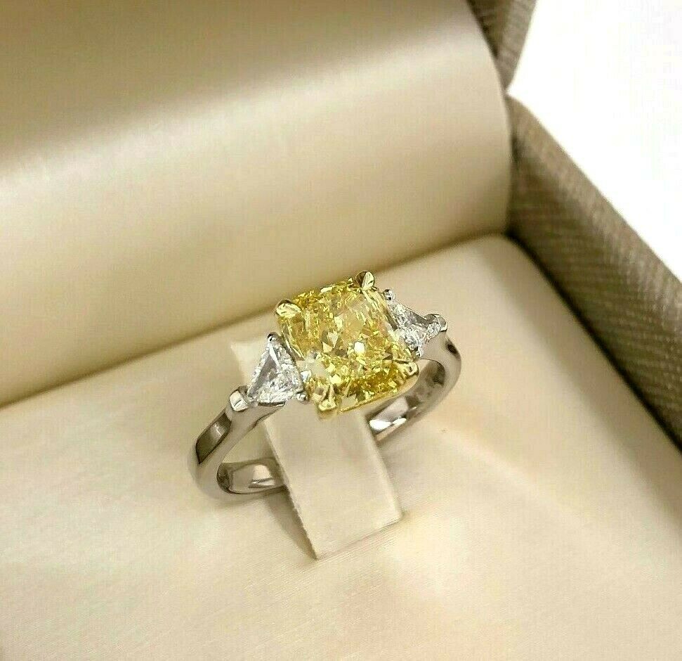 GIA 2.58 Carats t.w. Radiant Fancy Intense Yellow Trillion Diamonds Wedding Ring