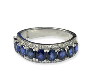 Sapphire Oval Gem Single Row Diamond Ring White Gold 14kt