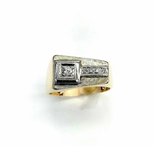 0.17 Carat Vintage Mens Diamond Two Tone Florentine Ring 14K Gold
