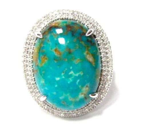 13.51 TCW Oval Turquoise & Diamond Accents Solitaire Ring Size 7 14k White Gold