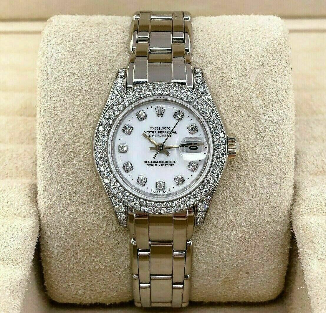 Rolex 29MM Pearlmaster 18k White Gold Ladies Watch 69359 Factory Diamonds