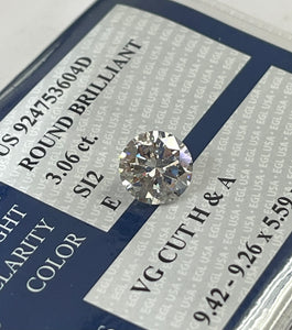 3.06 Carats E-SI2 Round Brilliants Diamond EGL-USA Certified FREE SETTING