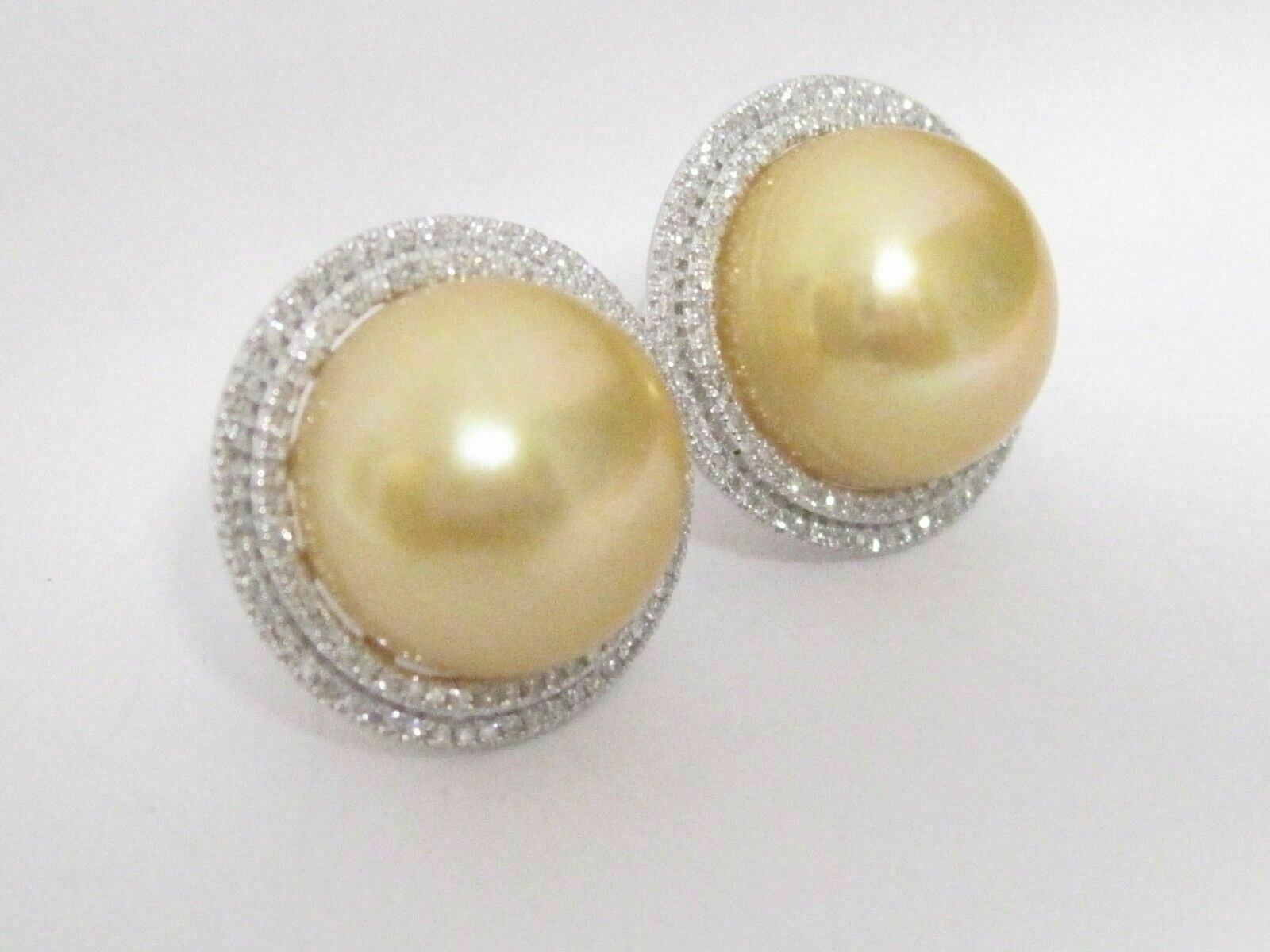 Fine 13mm Freshwater Yellow Gold Pearls Diamond Accent Earrings 14k White Gold