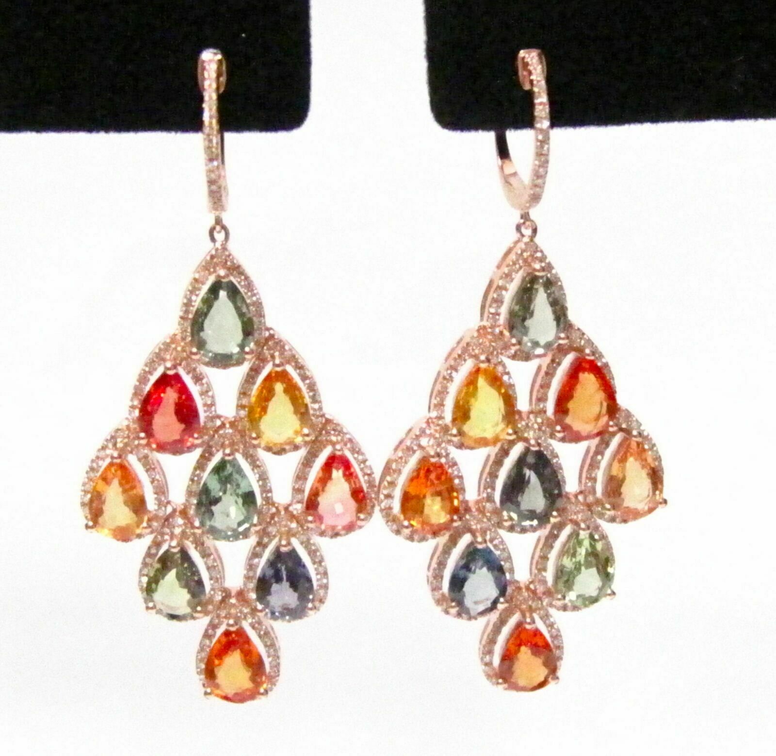 14.70 Tcw Multi-Color Sapphires & Diamond Chandlier Earrings 14k Rose Gold