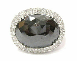 FINE Oval Natural Black Diamond Anniversary Ring 14kt White Gold