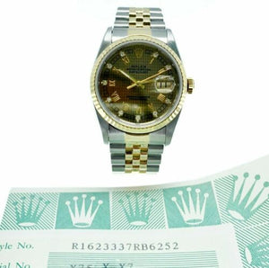Rolex 36MM Diamond Datejust Watch 18K Yellow Gold Stainless Steel Ref 16233 1993