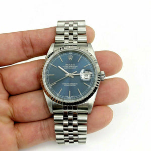 Rolex 36MM Datejust Watch 18K/Stainless Steel Ref # 16234 Factory Blue Dial QSet