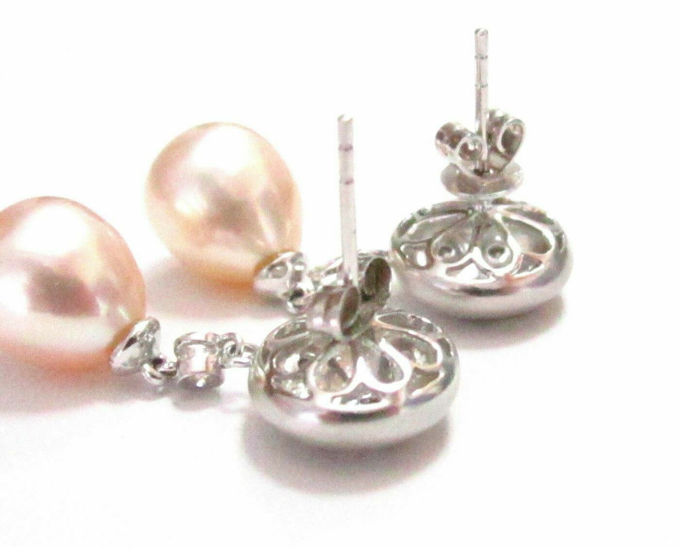 Peach Pearls & Diamonds Chandelier Drop/Dangle Earrings Push Back 14k White Gold