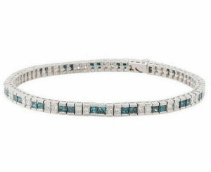 Fine 6.17ct Ladies Princess Cut White & Blue Diamond Tennis Bracelet 14k W Gold