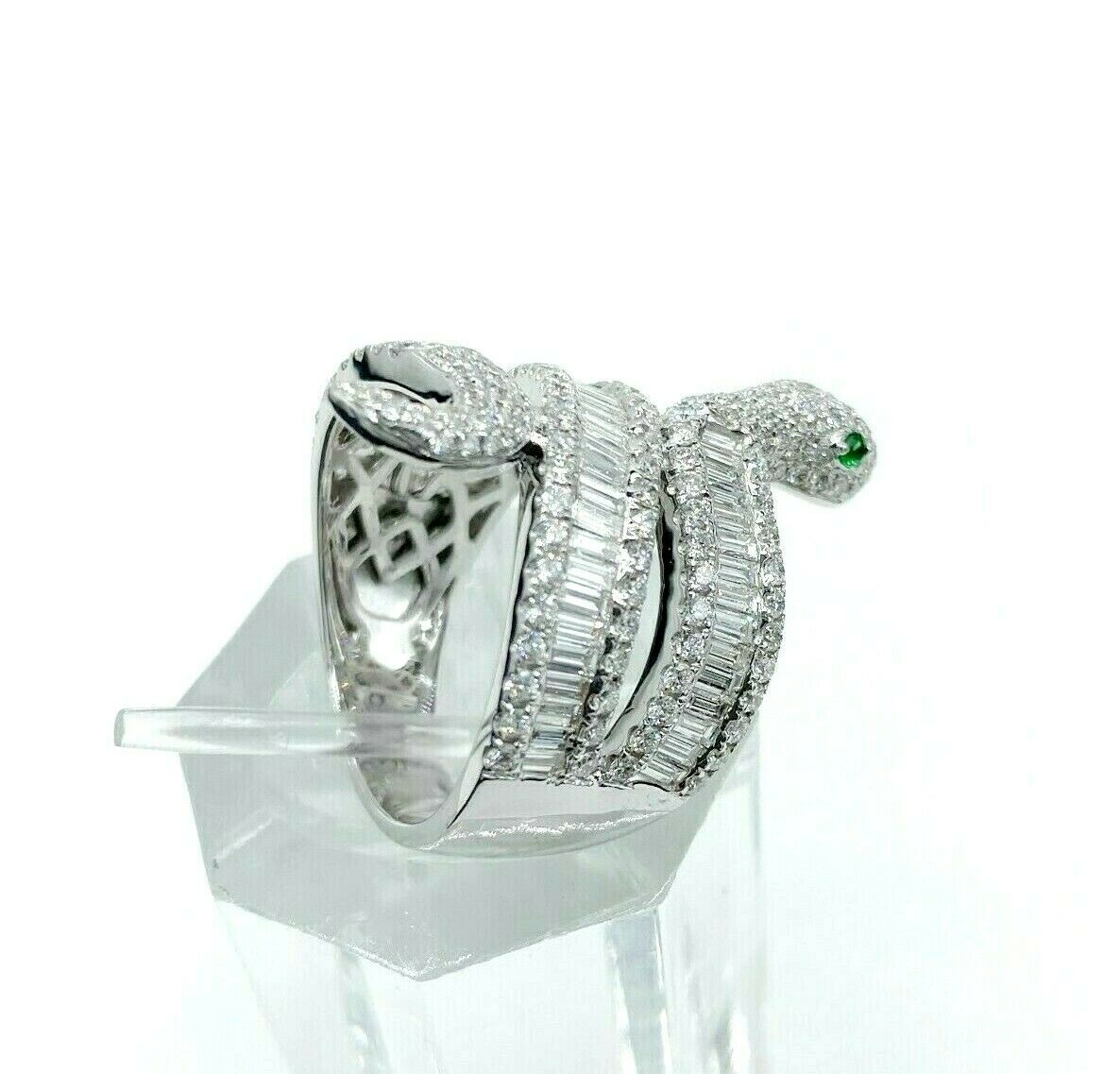 2.33 Carat Pave Channel Diamond and Emerald Snake Serpant Ring 18K White Gold