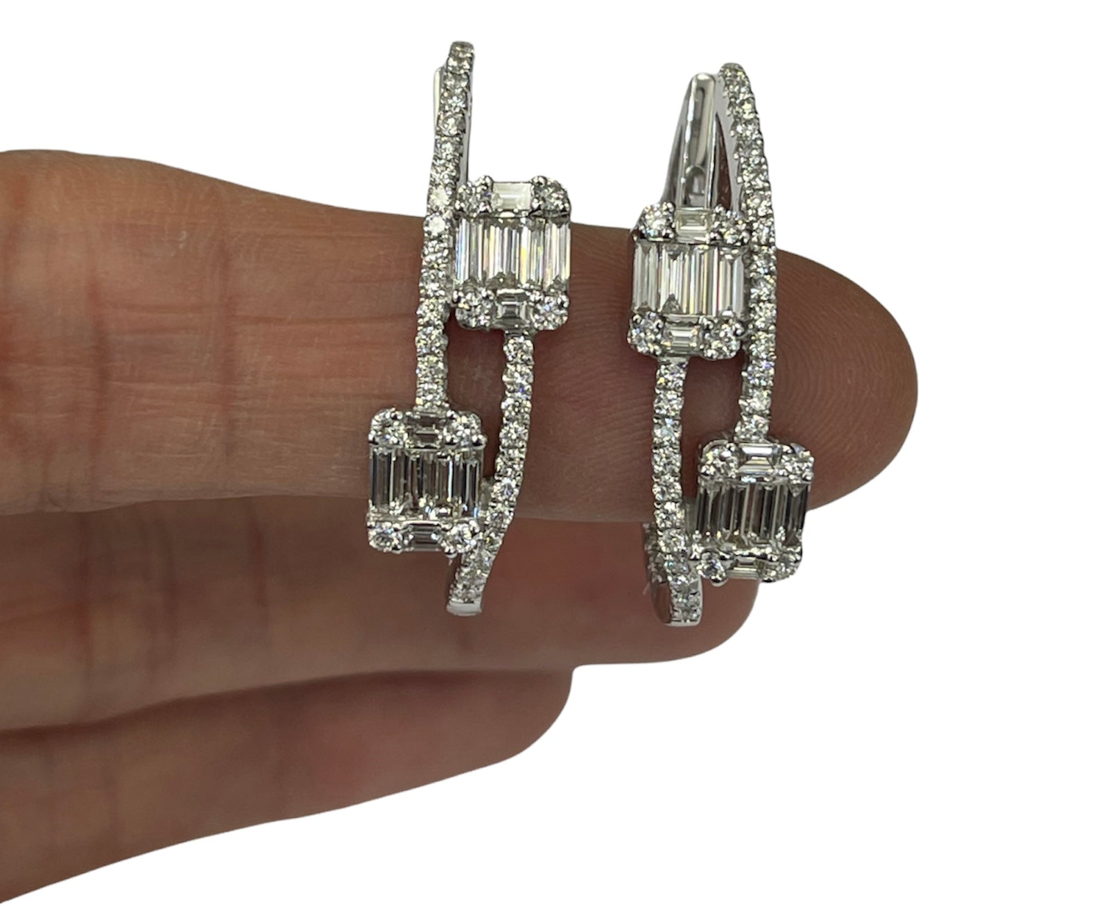 Baguettes Cluster Semi Hoop Oval Diamond Earrings White Gold