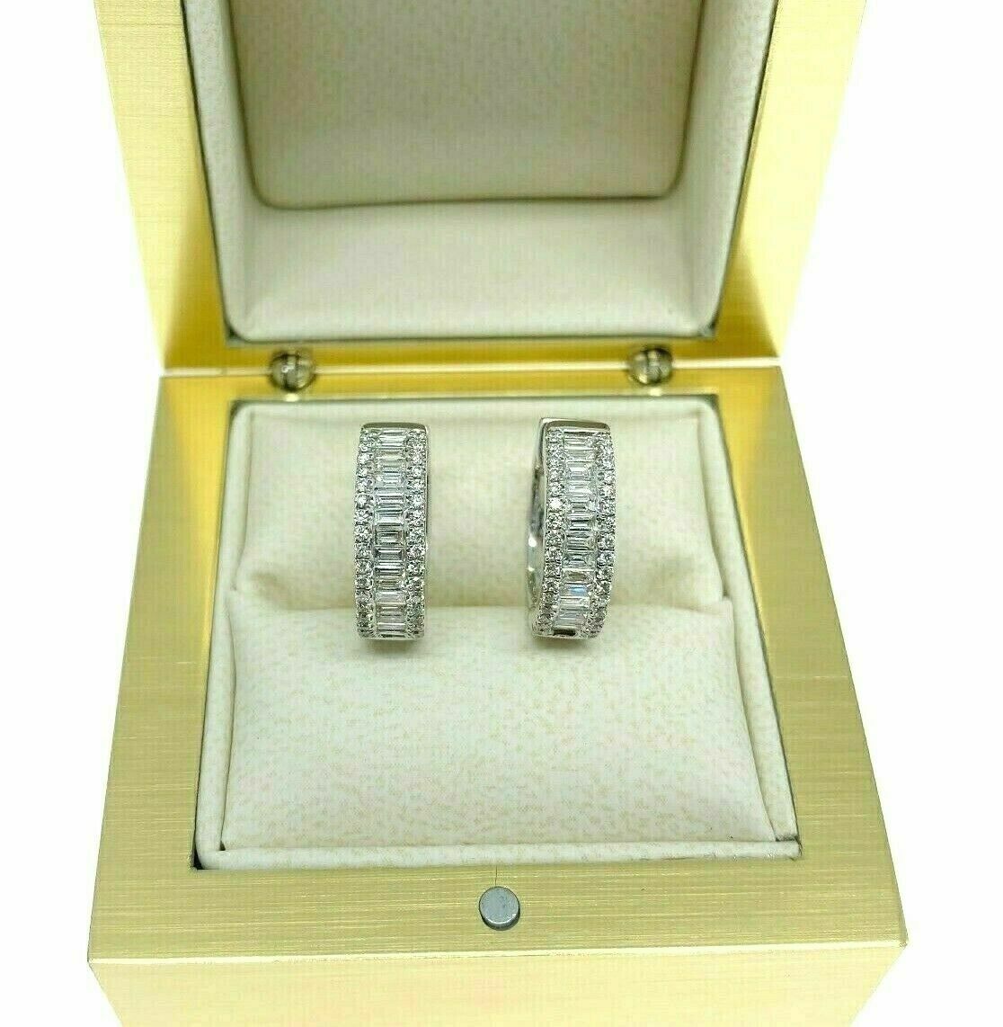 0.82 Carats Baguette and Round Diamond Huggie Hoop Earrings 18K White Gold