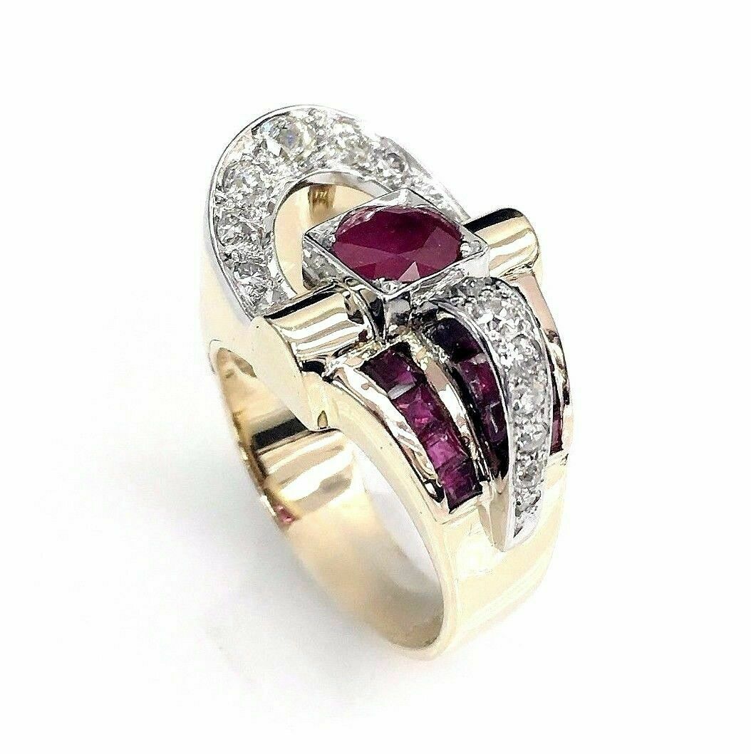 Antique 1.61 Carats t.w. Solid 14 Karat 2Tone Gold Ruby and Diamond Ring 1950's