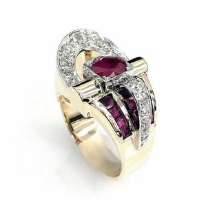 Antique 1.61 Carats t.w. Solid 14 Karat 2Tone Gold Ruby and Diamond Ring 1950's