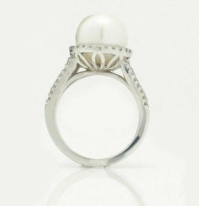 10 mm Round Pearl Ring with Halo Diamond Accents in 14K White Gold