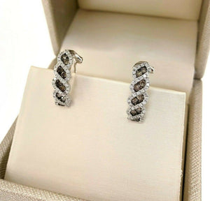 0.90 Carats t.w. White and Fancy Brown Diamond Hoop Earrings 14K White Gold