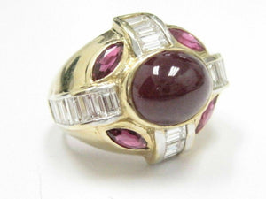 9.50 TCW Marquise, Oval and Baguette Ruby Diamond Ring Size 6.5 18k Yellow Gold