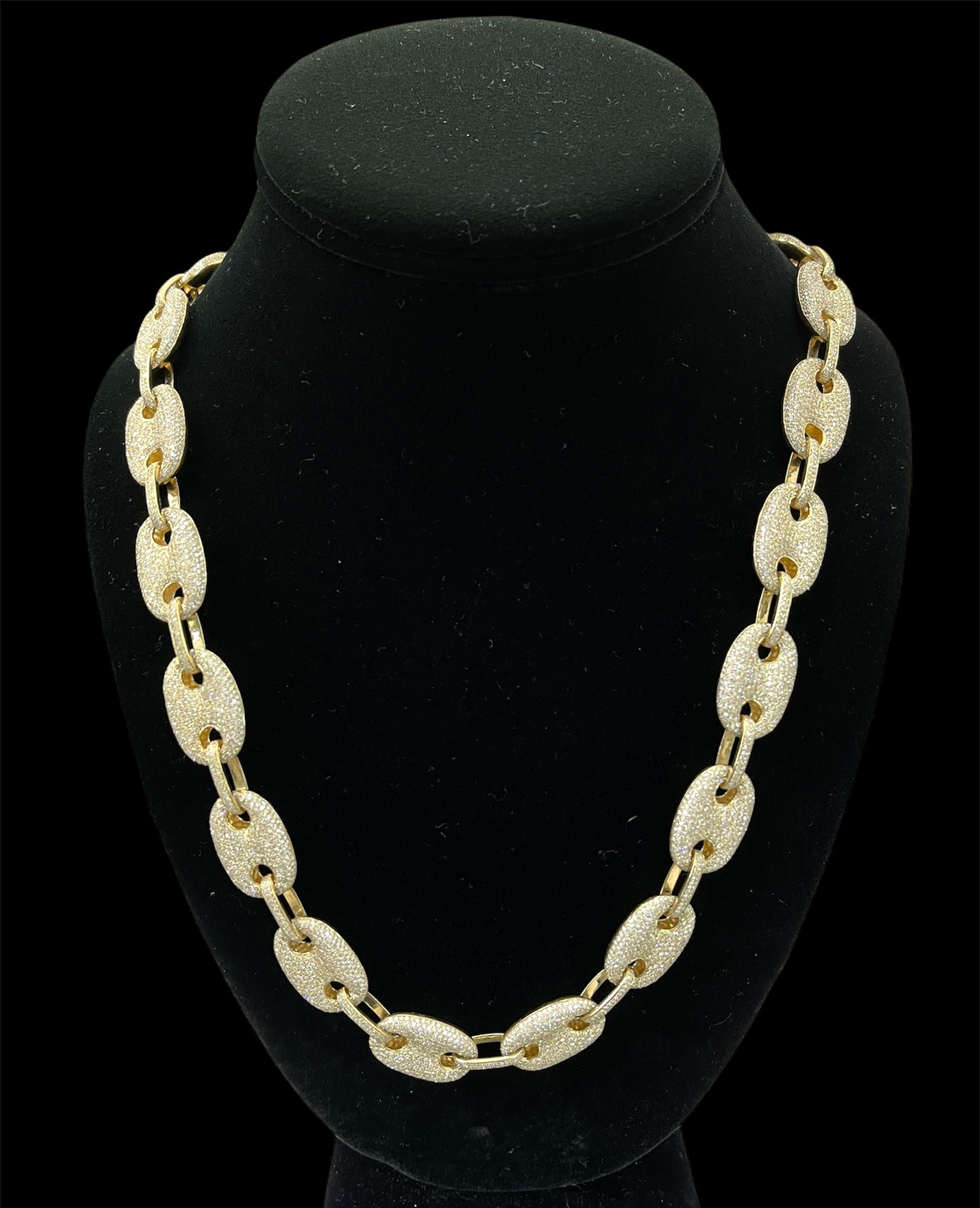 Cuban Bean Link Round Brilliant Diamonds Micro Pave Chain Necklace Yellow Gold