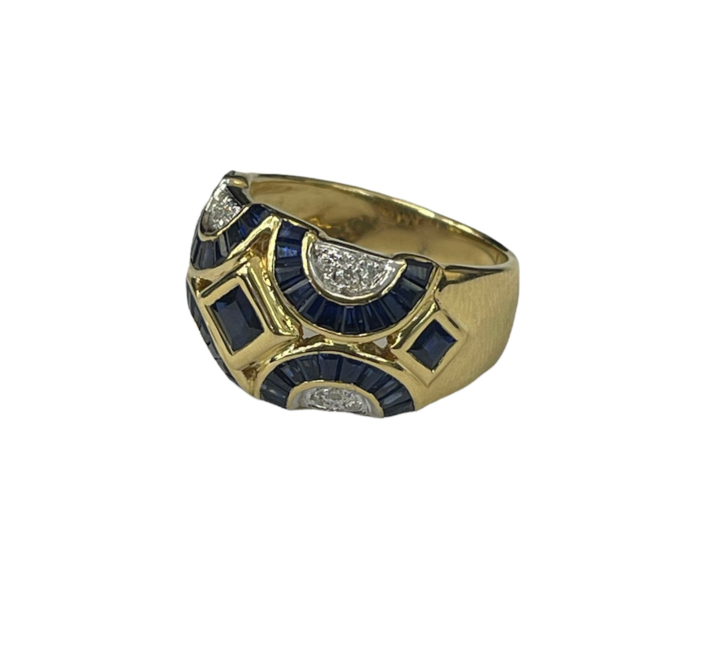 Sapphire Gems and Round Brilliants Wide Diamond Ring Yellow Gold 18kt