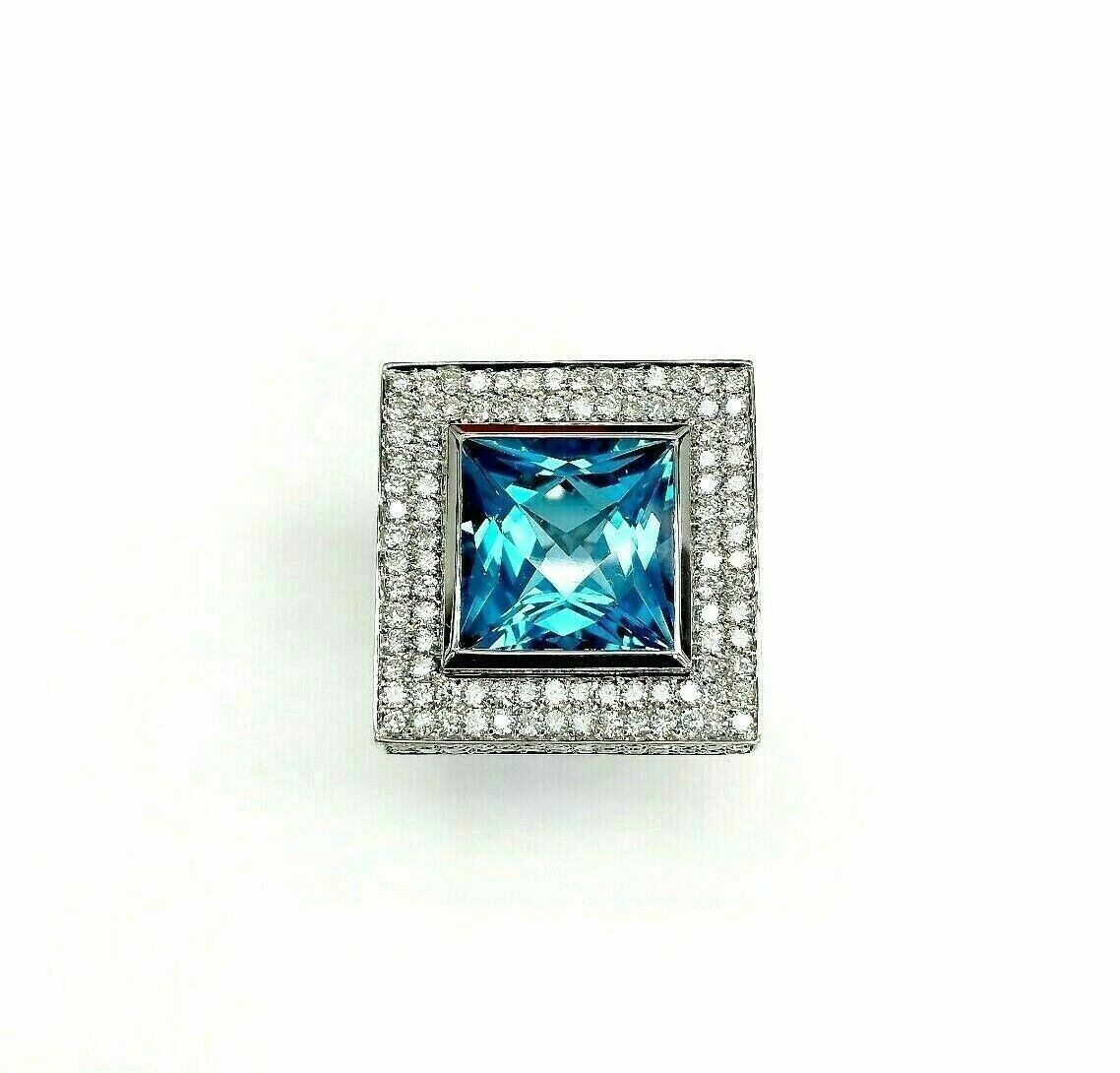 19.95 Carats Blue Topaz & Pave Diamond 4 Sided Celebration Ring 18k White Gold