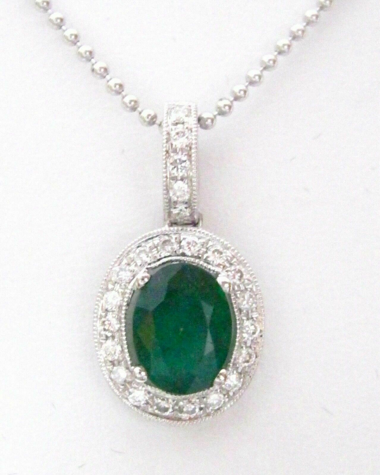 1.51 TCW Natural Oval Cut Green Emerald & Round White Diamonds Pendant Necklace