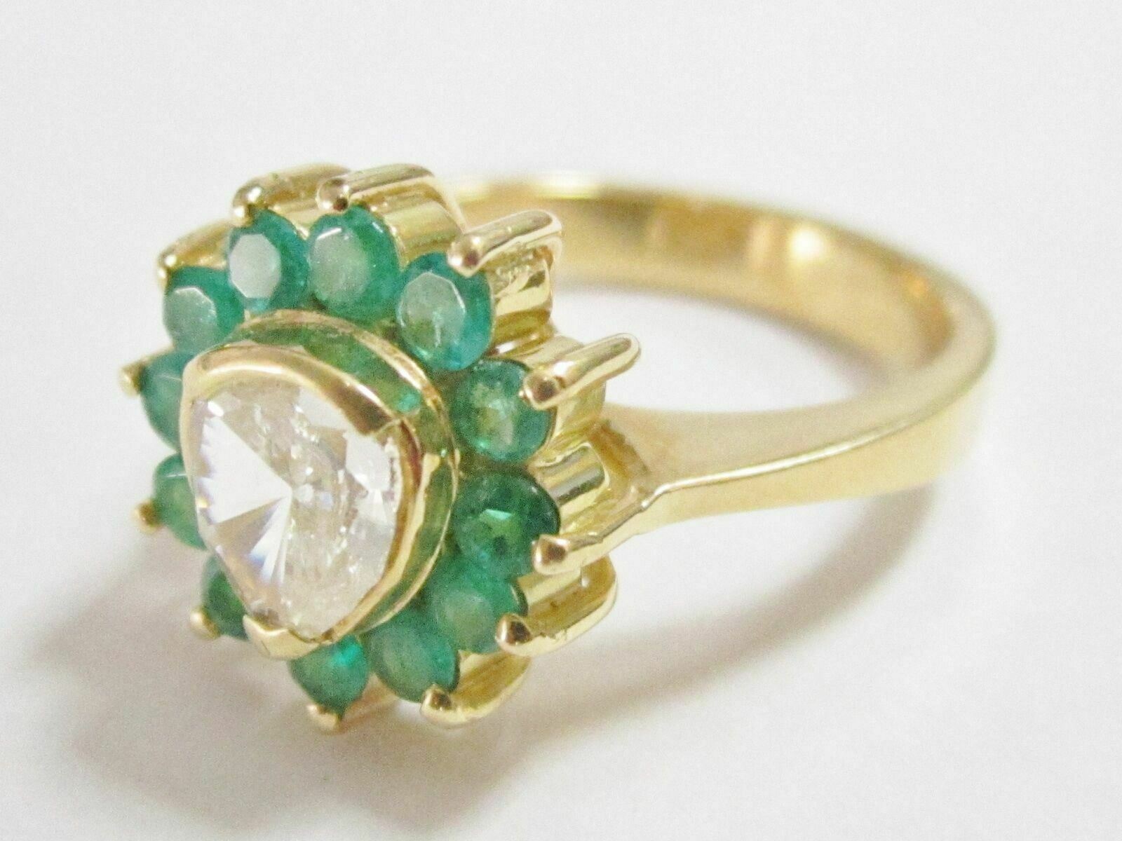 Natural Old European Cut Diamond & Natural Green Emerald Accents Ring Size 7 18k