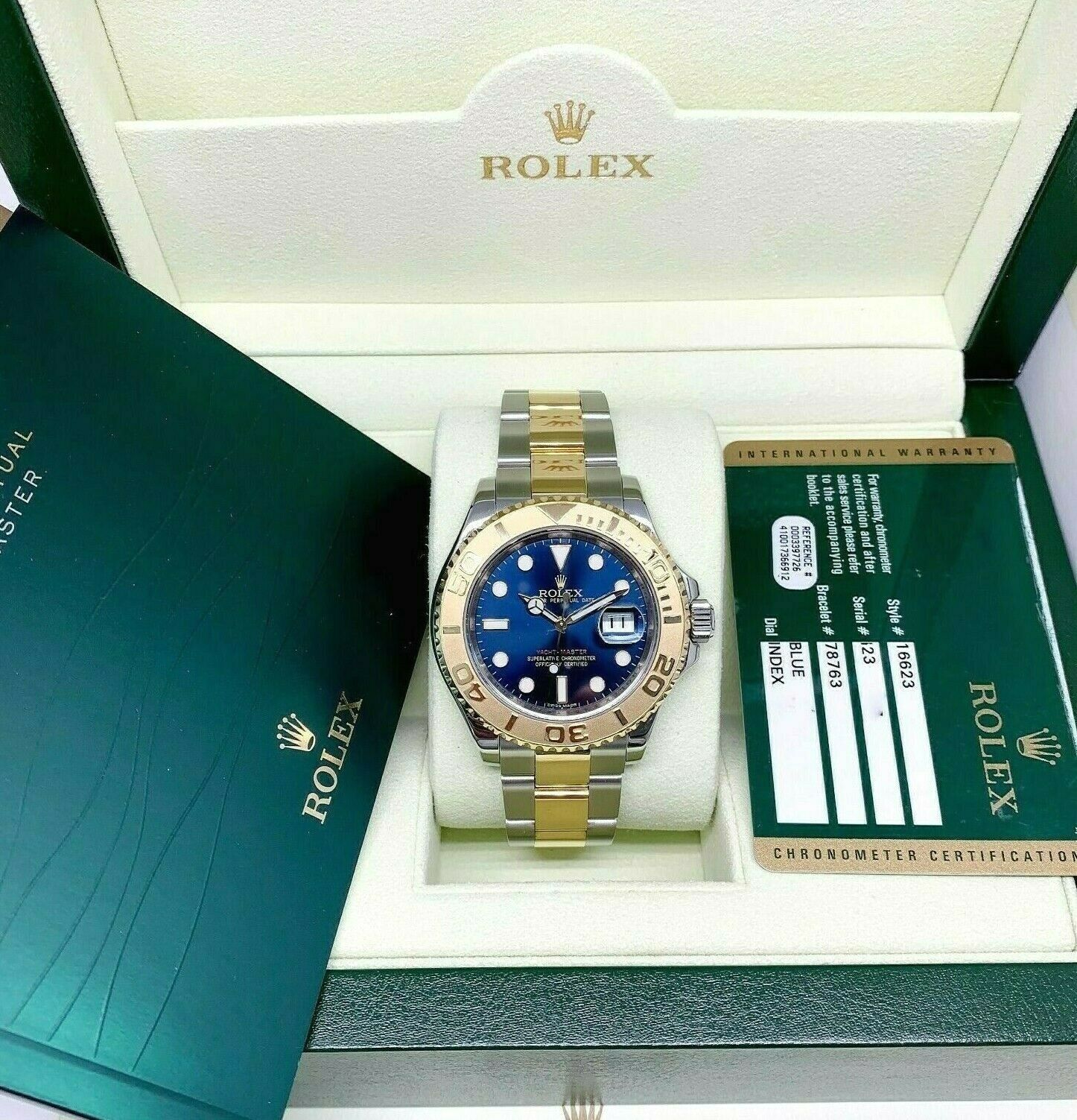 Rolex 40 MM Mens Yacht-Master 18K Gold and Steel Watch Ref # 16623 Box and Card