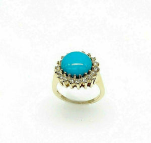 0.85 Carats Diamond and 11 MM Natural BlueTurquoise Halo Ring 14K Yellow Gold