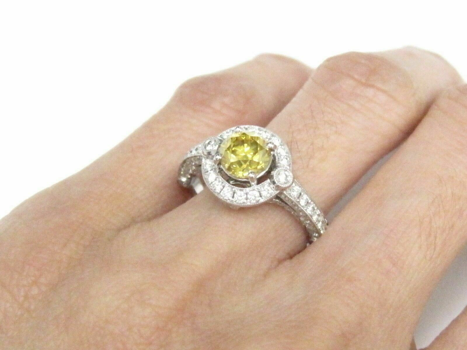 3.22 TCW Art Deco Fancy Yellow Diamond Solitaire Ring Size 6.75 18k White Gold