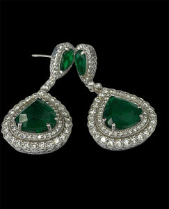 Columbian Emerald Gem Diamond Dangling Earrings White Gold 18kt