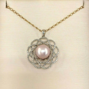 1.15 Carats Pave Halo Cultured Pearl Diamond Pendant 14K White Gold w 14K Chain