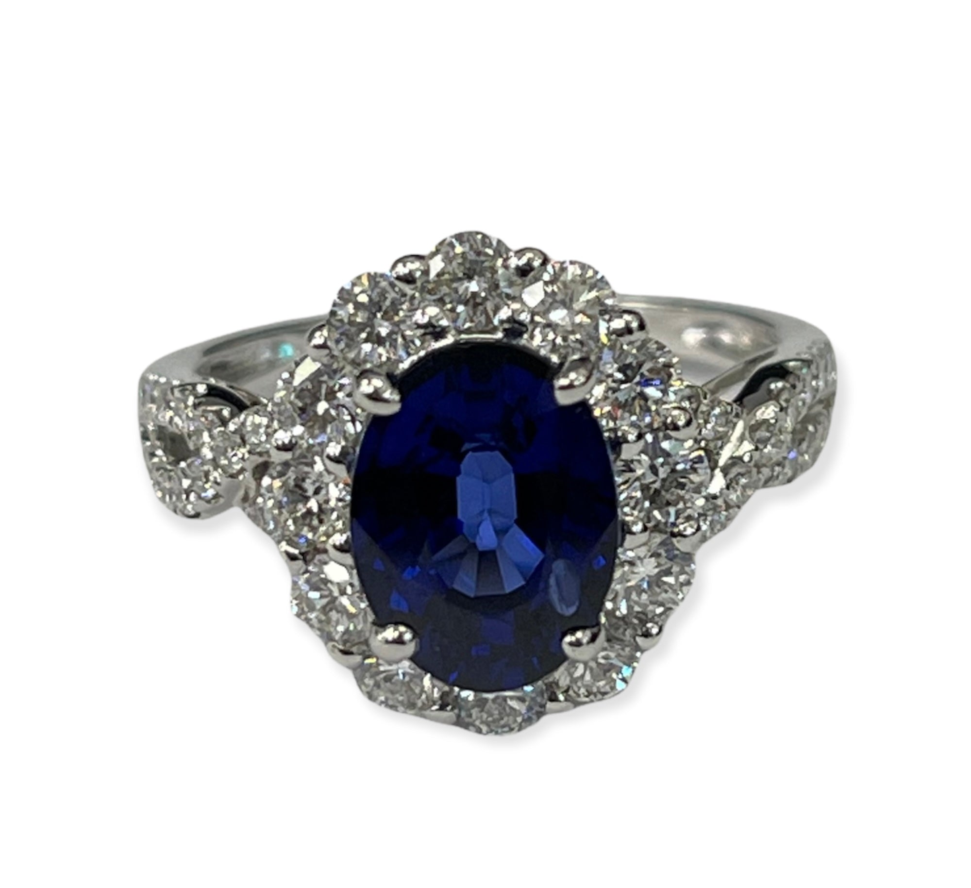 Blue Sapphire Gem Diamond Ring White Gold 18kt