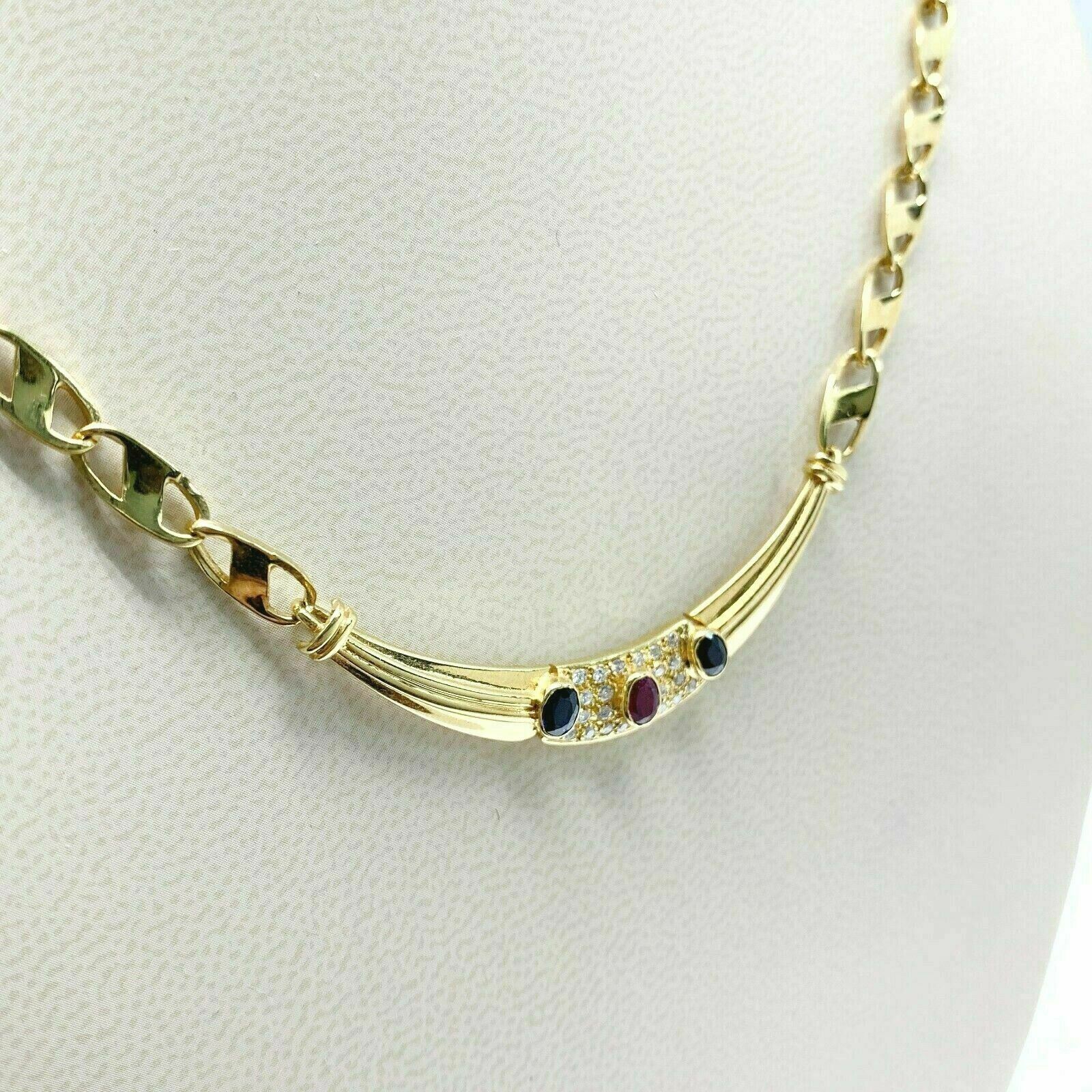 0.82 Carats t.w. Solid 18 Karat Yellow Gold Diamond Ruby and Sapphire Necklace