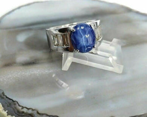 14k White Gold Star Sapphire Ring with Diamond Baguettes