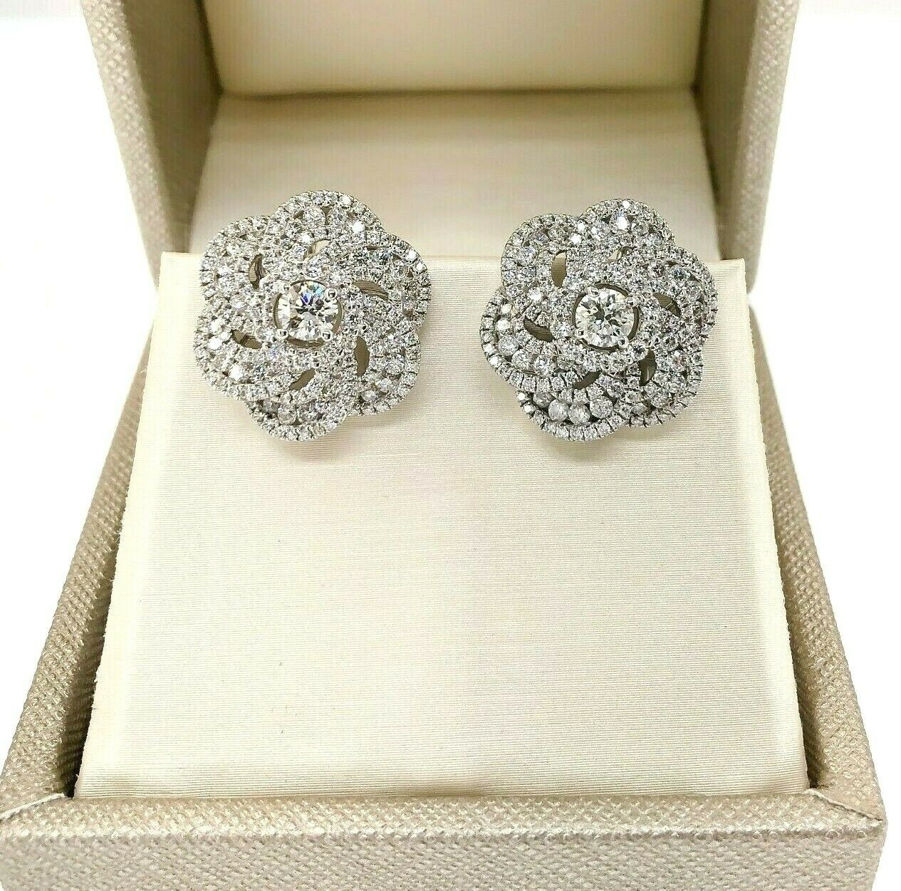 3.14 Carats t.w. Diamond Spiral Sunburst Earrings 18K White Gold 3/4 In Diameter