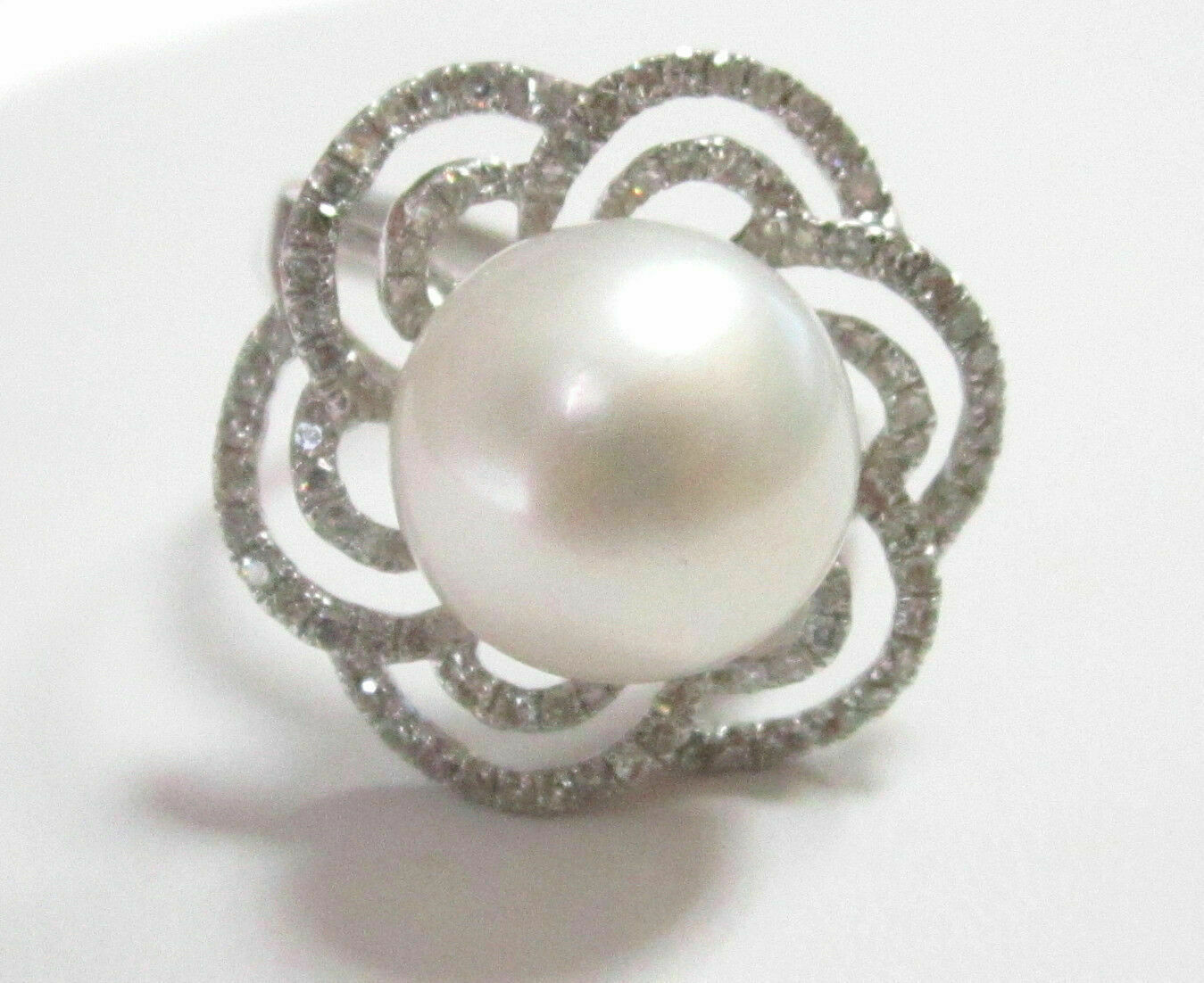 Fine Natural White Pearl & Diamond Flower Solitaire Ring Size 7 14k White Gold