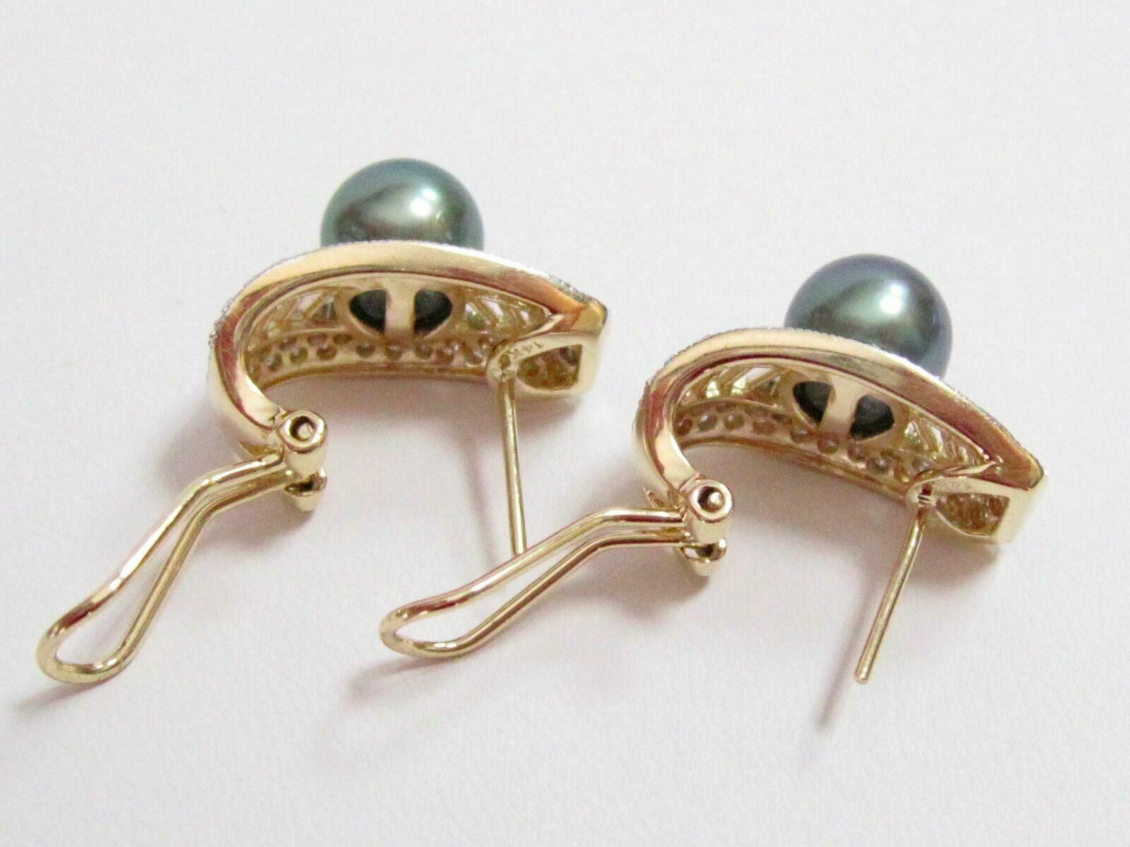 Fine Silver Green Pearl Diamond Huggie Earrings 14kt Yellow Gold