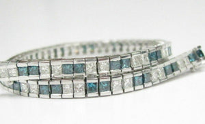 6.17 TCW Natural Blue and White Princess Cut Diamond Tennis Bracelet 14k WG