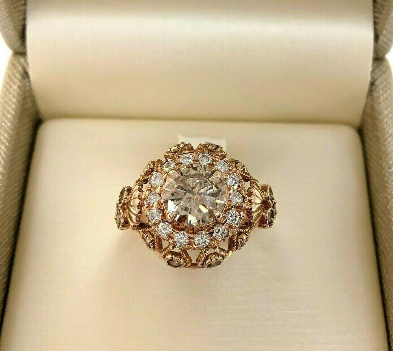2.71 Carats Fancy Brown and White Round Brilliant Diamond Rose Gold Genie Ring