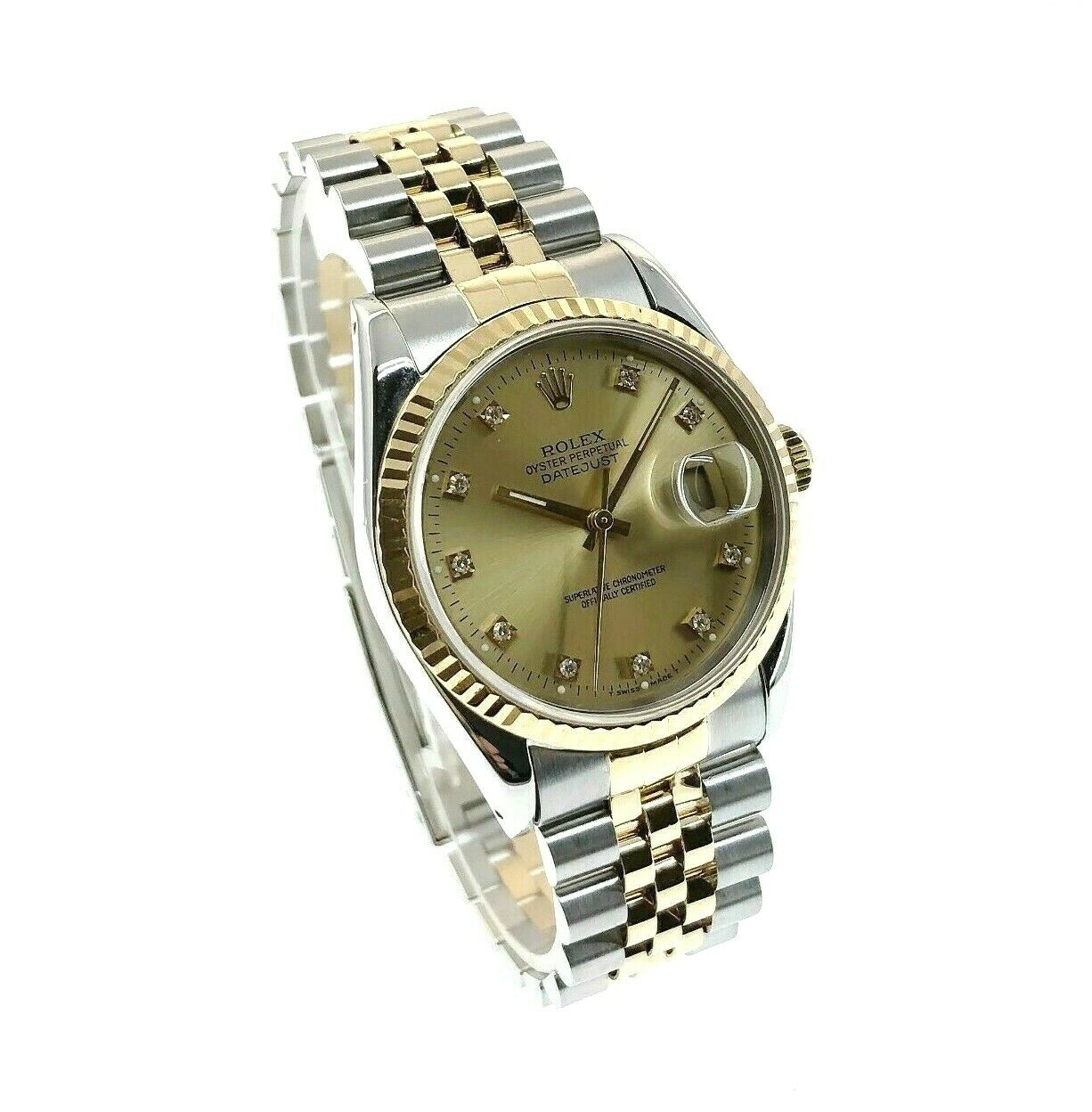 Rolex 36MM Datejust Watch 18K Yellow Gold Steel Ref 16233 Factory Diamond Dial
