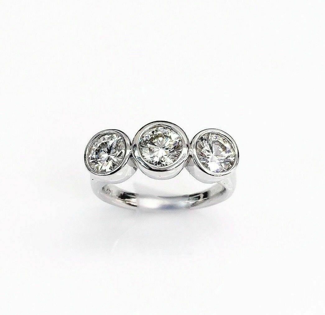 1.40 Carats 3 Stone Round Brilliant Cut Diamond Bezel Set Wedding Ring 14K Gold